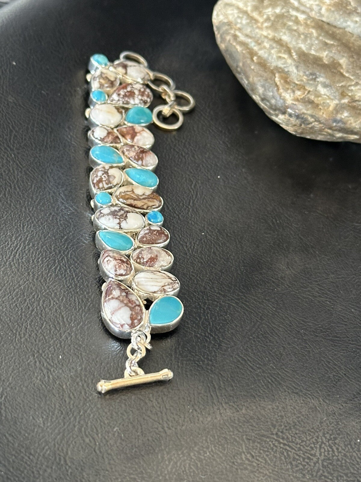 WoMen Blue Wild Horse Turquoise Sterling Silver Southwestern Link Bracelet 17973