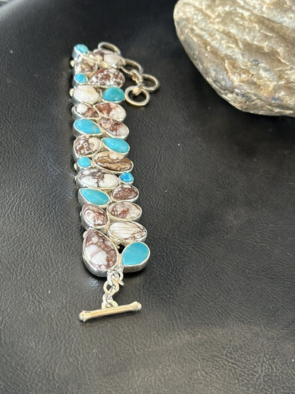 WoMen Blue Wild Horse Turquoise Sterling Silver Southwestern Link Bracelet 17973