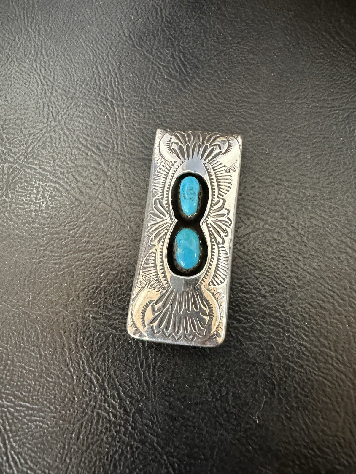 Mens Blue Turquoise Navajo Stainless Stamped Silver Money Clip 19366