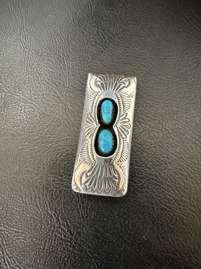 Mens Blue Turquoise Navajo Stainless Stamped Silver Money Clip 19366