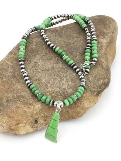 Green Gaspeite Pendant Navajo Pearls Sterling Silver Necklace 22" 01285