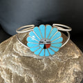 Old Pawn Sunface Turquoise Zuni Onyx Bracelet 6.5" | Sterling Silver | Authentic Native American Handmade | 19129