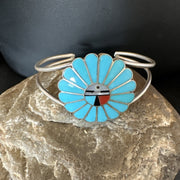 Old Pawn Sunface Turquoise Zuni Onyx Bracelet 6.5" | Sterling Silver | Authentic Native American Handmade | 19129