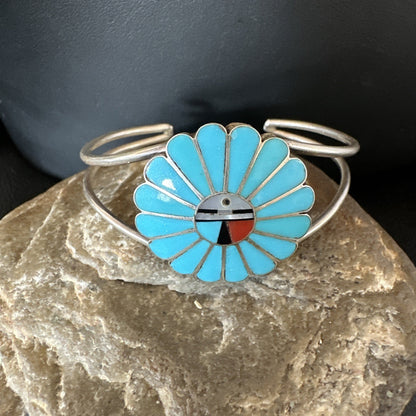 Old Pawn Sunface Turquoise Zuni Sterling Silver Onyx Bracelet 6.5” 19129