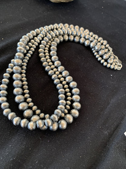 Native American Navajo Pearls Graduated 3 Strands Sterling Silver Necklace 25”