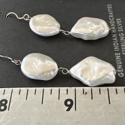 Beautiful White Sterling Silver Freshwater Pearl Dangle Earrings 1.5" 3077