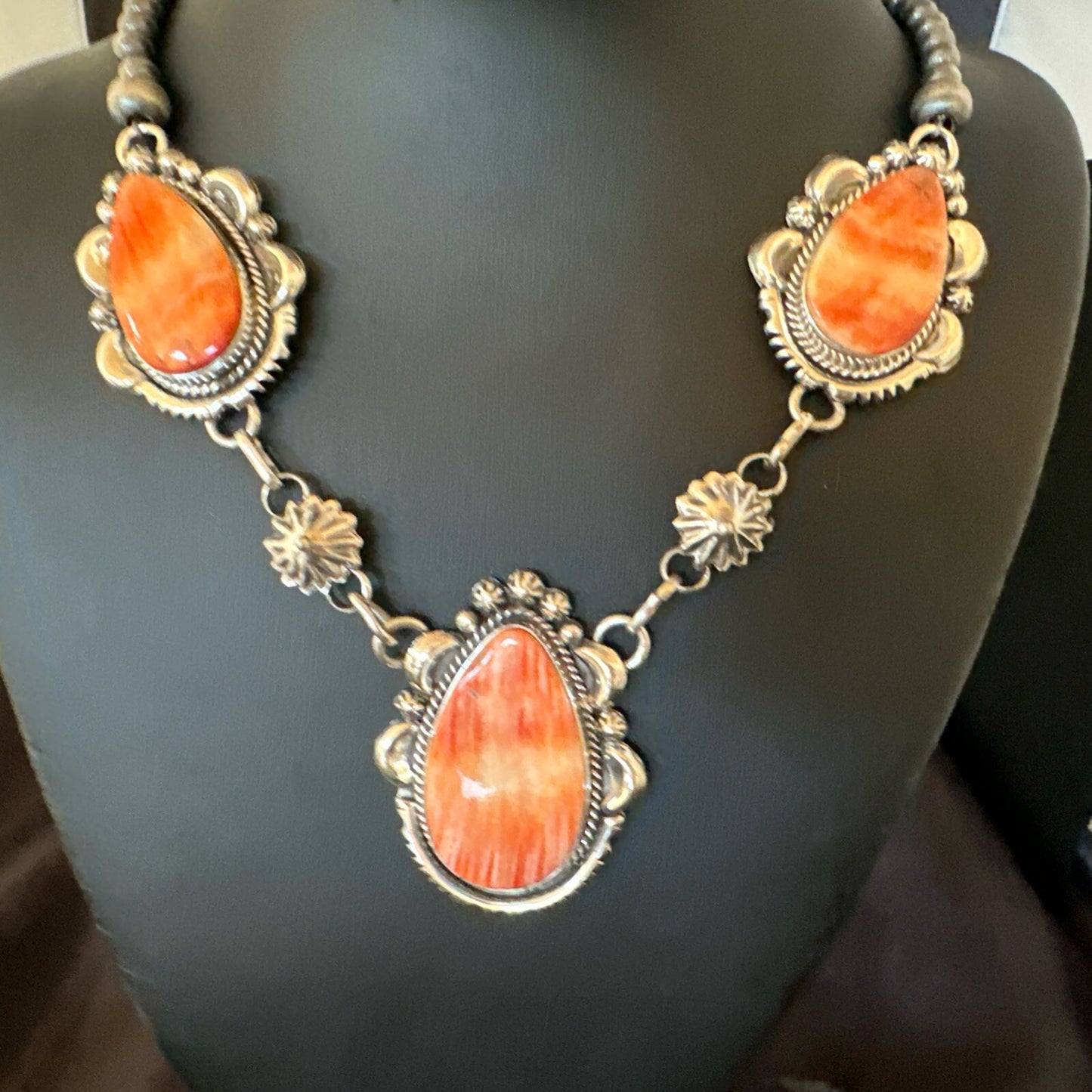 Orange Spiny Oyster Pendant Navajo Sterling Silver Lariat Necklace 21" 18628