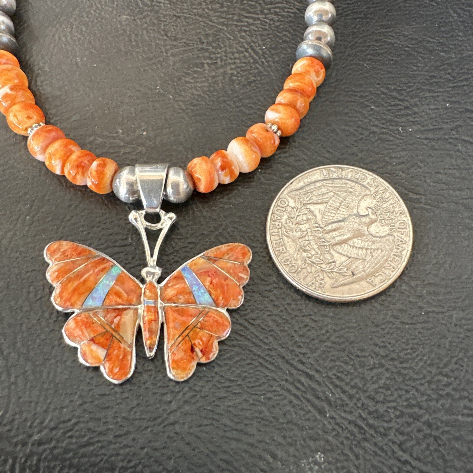 Butterfly Orange Spiny Oyster Opal Inlay Sterling Silver  Necklace Pendant 18676