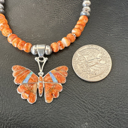 Butterfly Orange Spiny Oyster Opal Inlay Sterling Silver  Necklace Pendant 18676