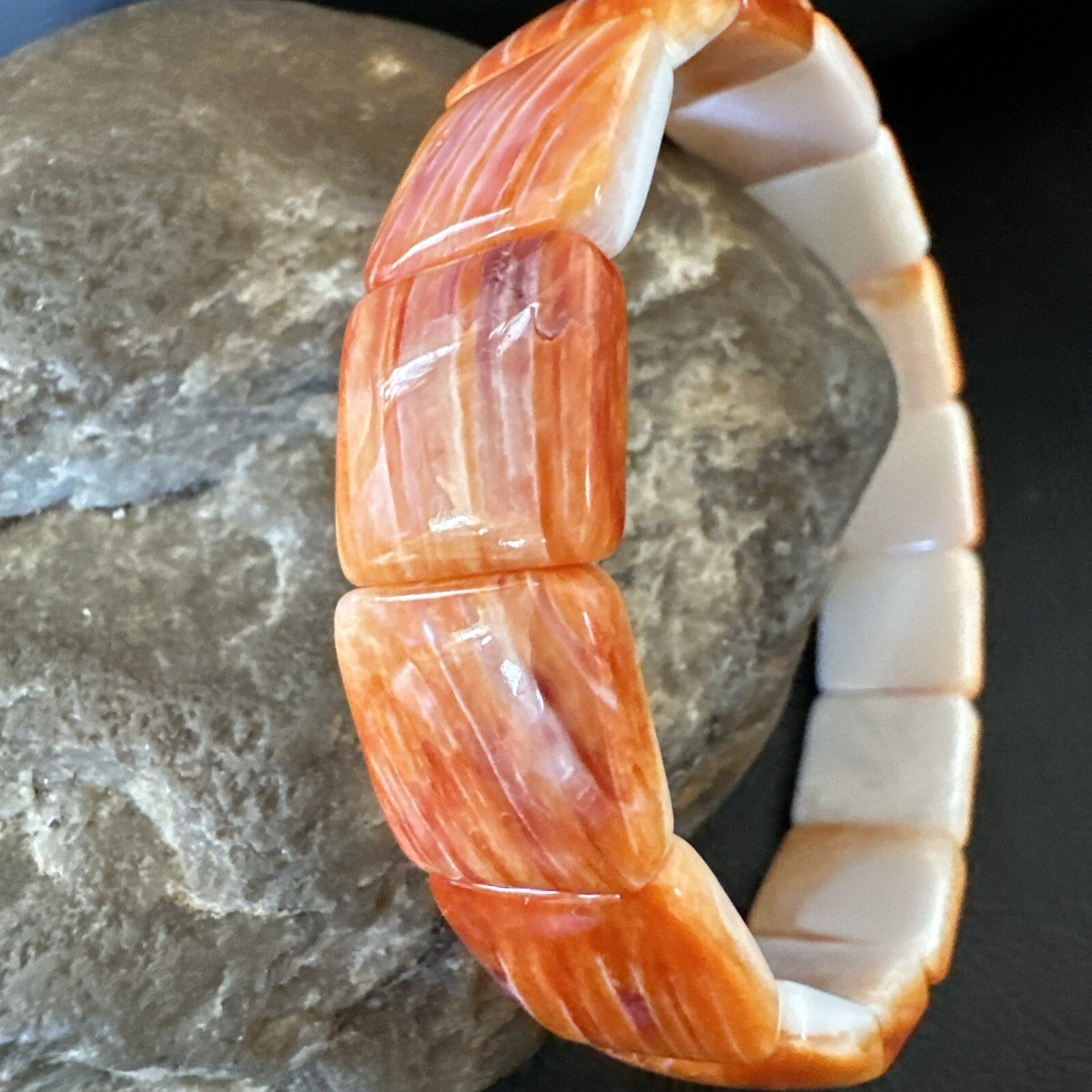 Mens Womens Orange Spiny Oyster Sterling Silver Stretch Bracelet 7" 18860