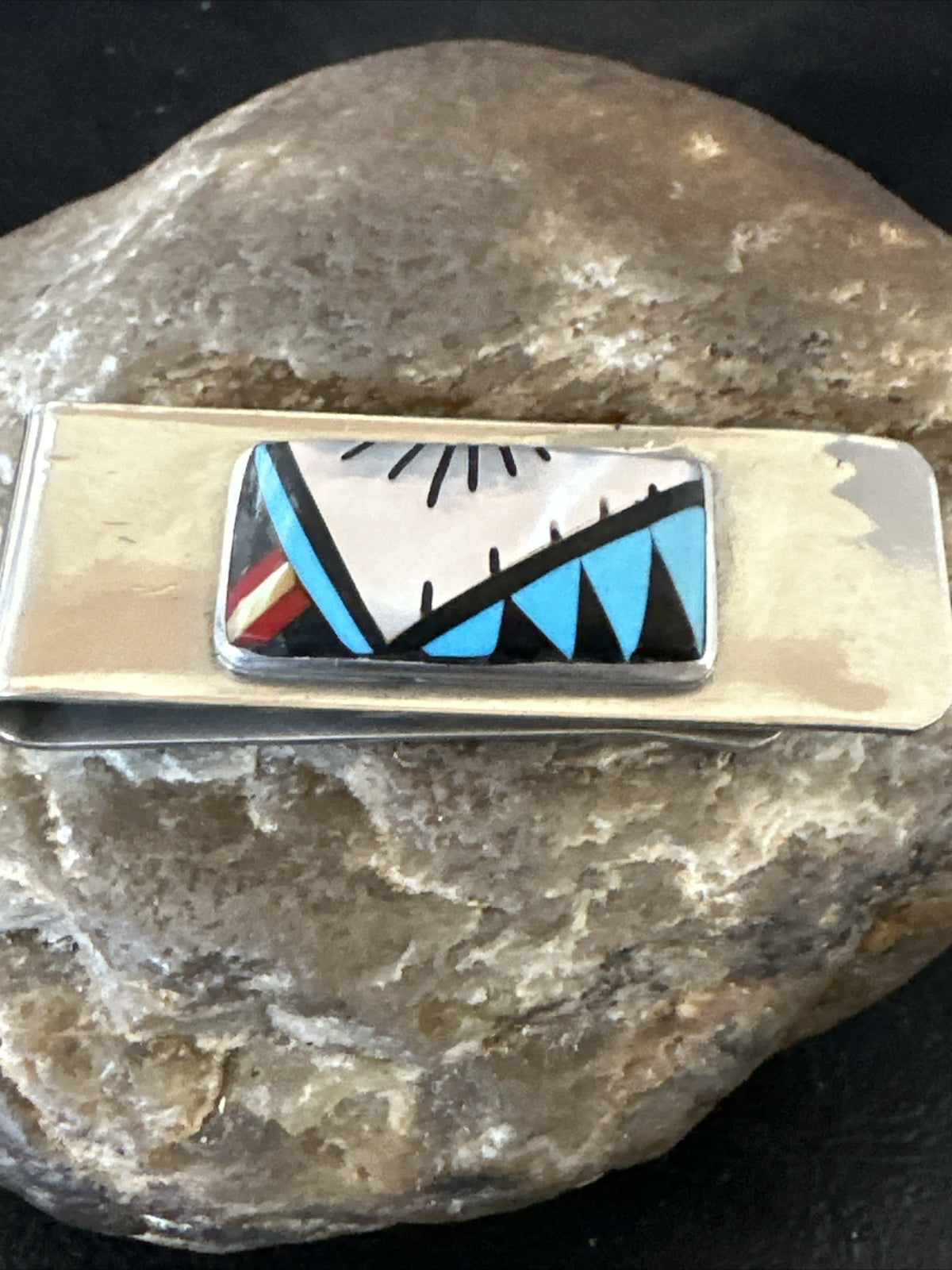 A Zuni Mens Turquoise Spiny Inlay Stainless Sterling Silver Money Clip 17834