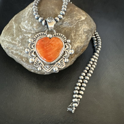 H Joe Orange Spiny Oyster Heart Pendant Navajo Sterling Silver Necklace 19486