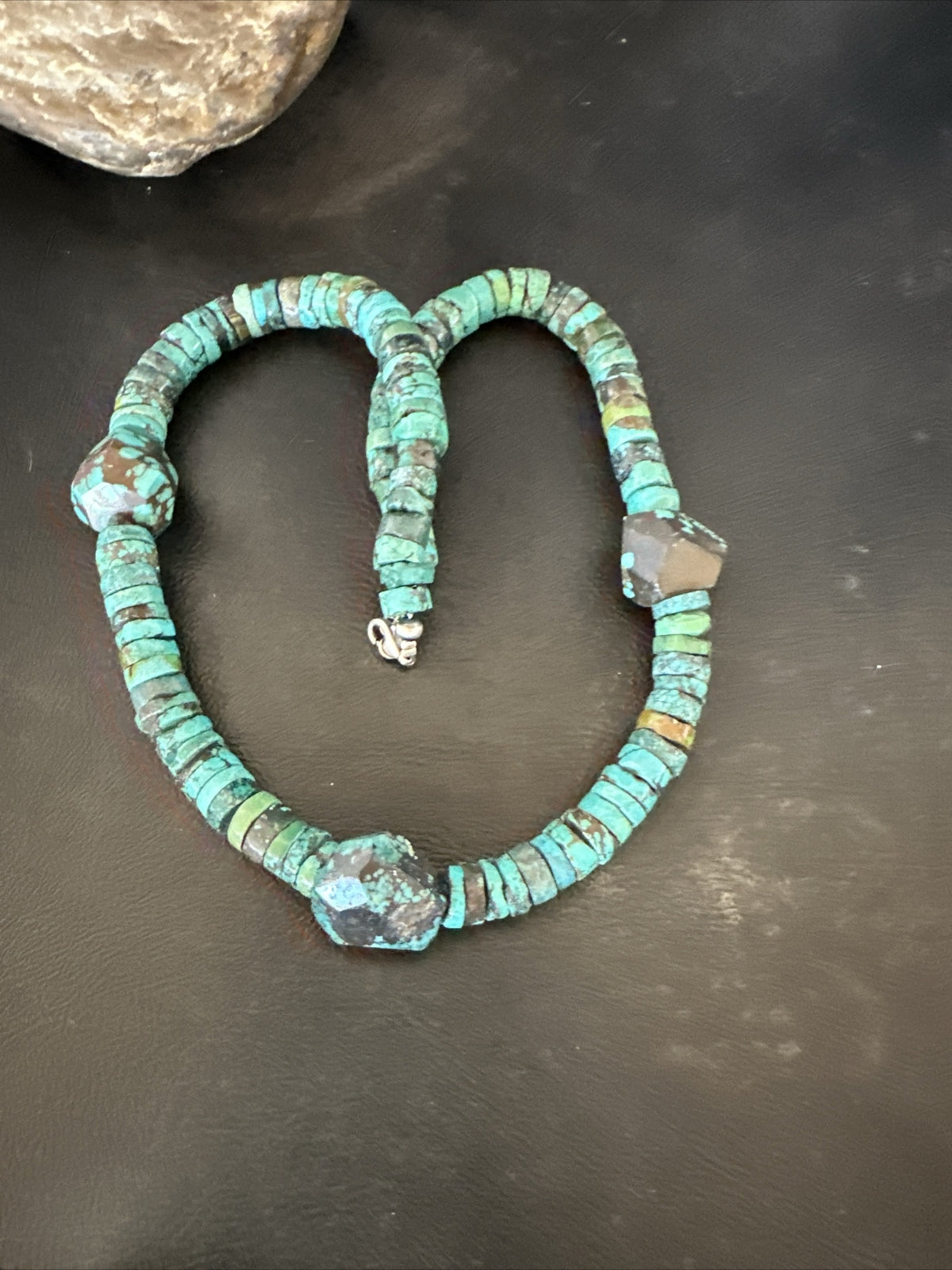 Native Turquoise Nugget Heishi Bead Navajo Sterling Silver Necklace 17745