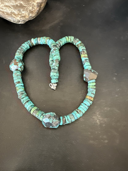 Native Turquoise Nugget Heishi Bead Navajo Sterling Silver Necklace 17745