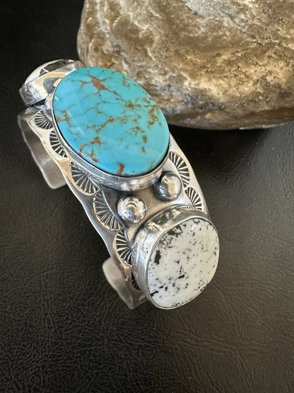 Men White Buffalo Blue Turquoise Navajo Sterling Silver Cuff Bracelet 7.3" 19429