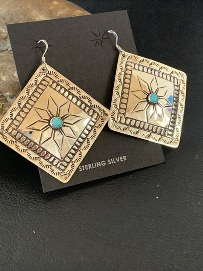 Blue Turquoise Navajo Sterling Silver Earrings 2.25" 12057