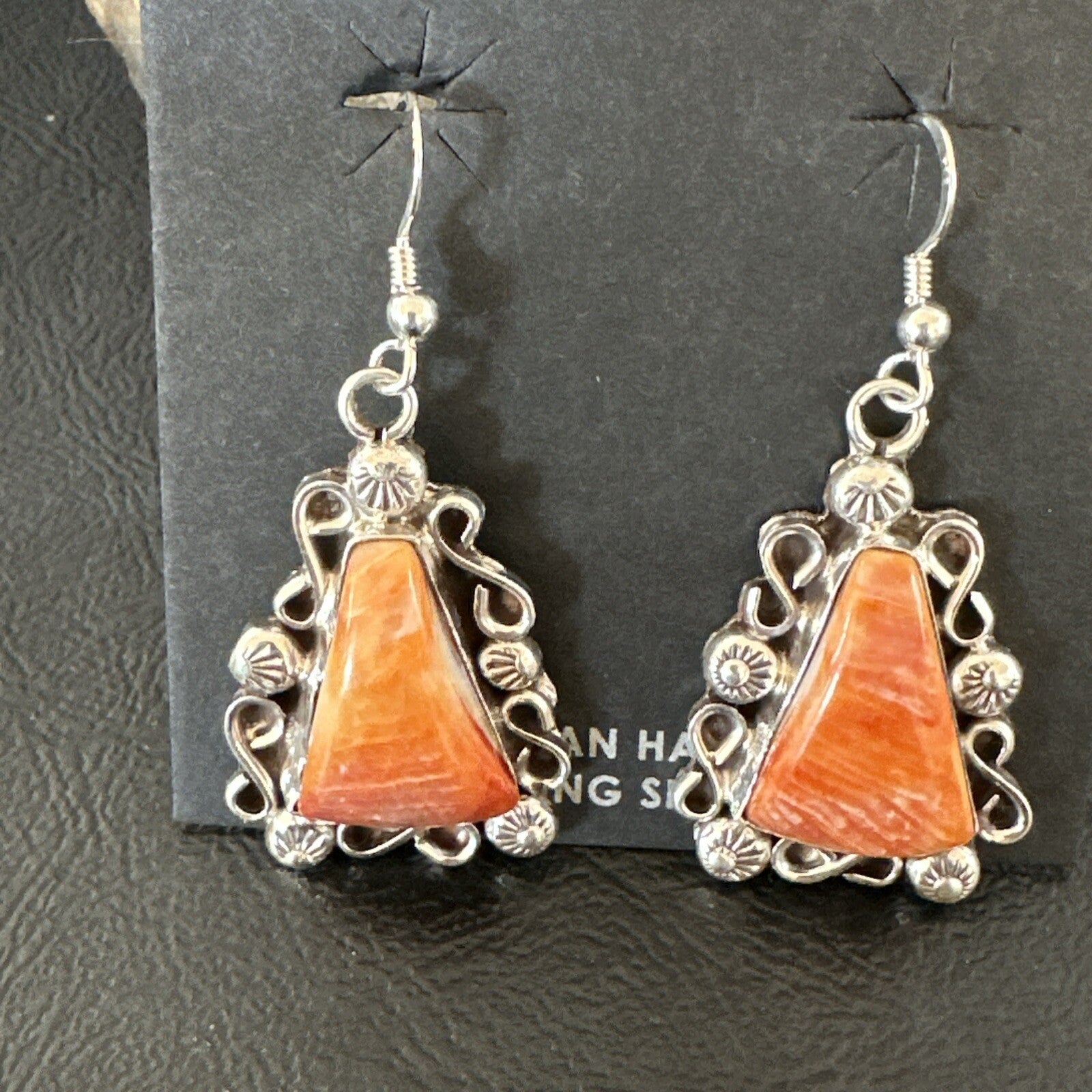 Native Navajo Sterling Silver Orange Spiny Oyster Dangle Earrings 17270