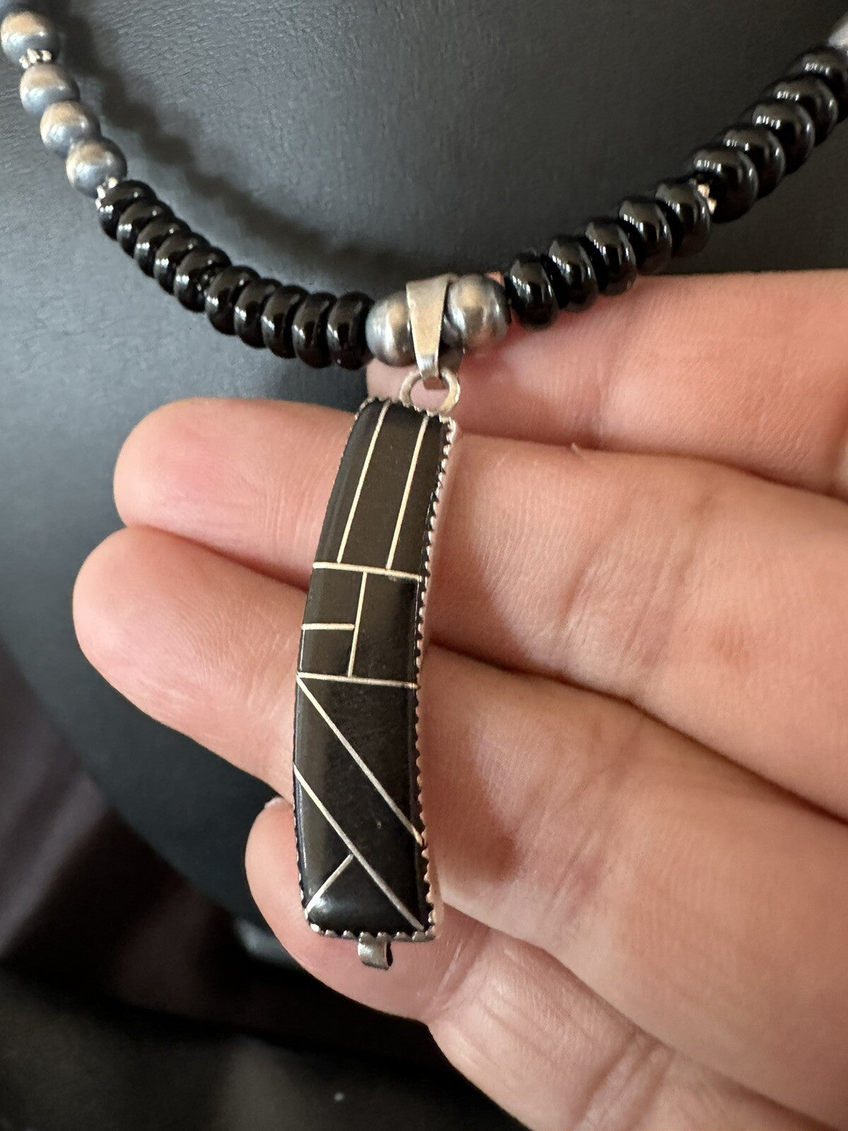 Mens Womens Black Onyx Pendant Navajo Sterling Silver Beads Necklace 18332