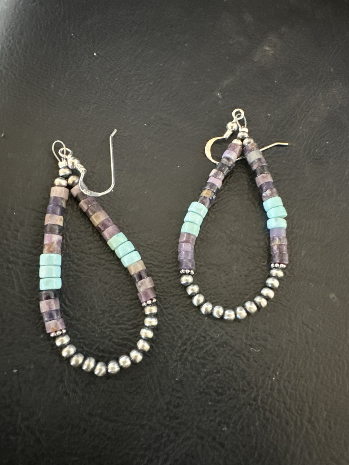 Blue Turquoise Purple Ston Heishi Sterling Silver Navajo Beads Earrings 2" 17838