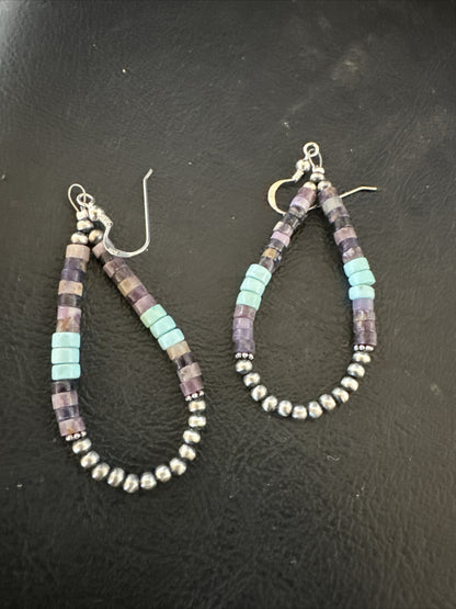 Blue Turquoise Purple Ston Heishi Sterling Silver Navajo Beads Earrings 2" 17838