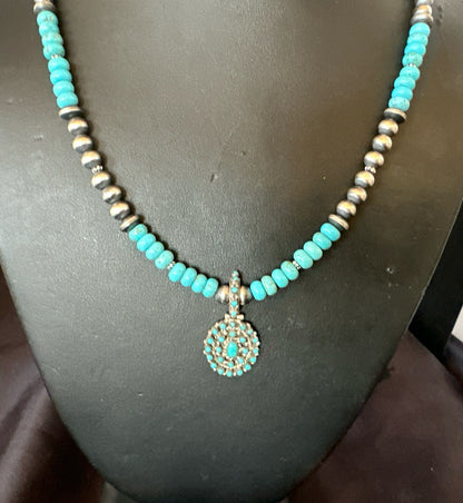 Zuni Blue Kingman Turquoise Cluster Pendant Sterling Silver Necklace 21" 18381
