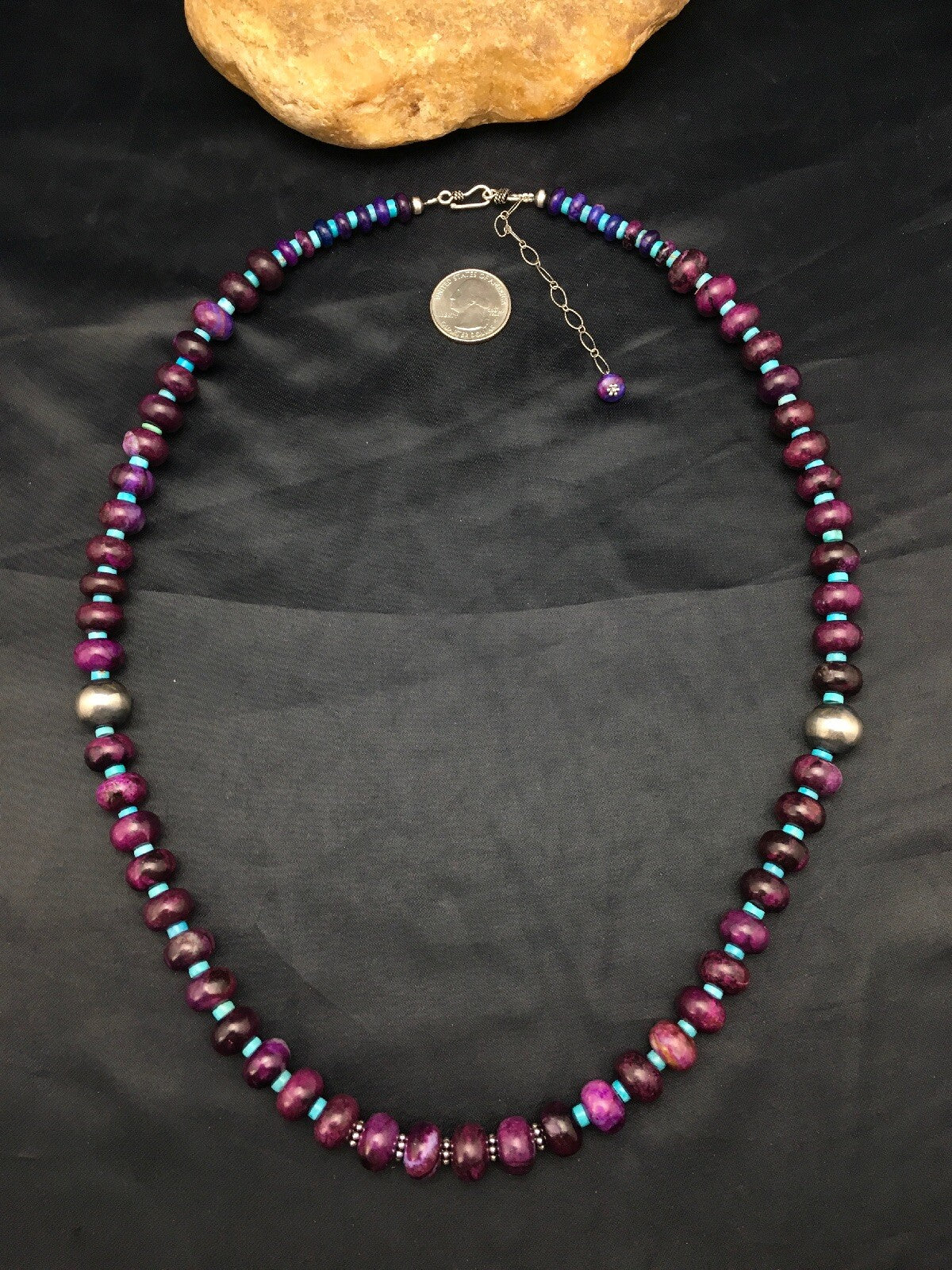 Purple Stone & Turquoise Bead Navajo Indian Sterling Necklace 27" 04061