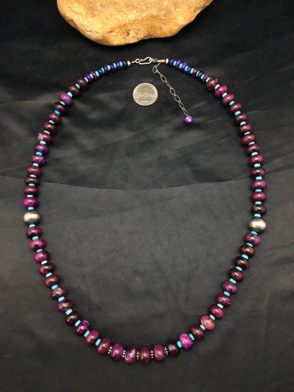 Purple Stone & Turquoise Bead Navajo Indian Sterling Necklace 27" 04061