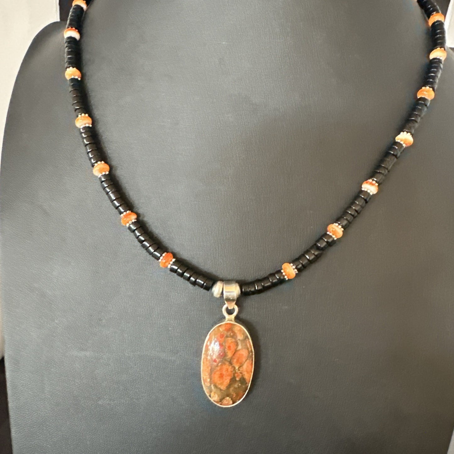 Orange Spiny Black Onyx Navajo Sterling Silver Pendant Necklace 20” 19638