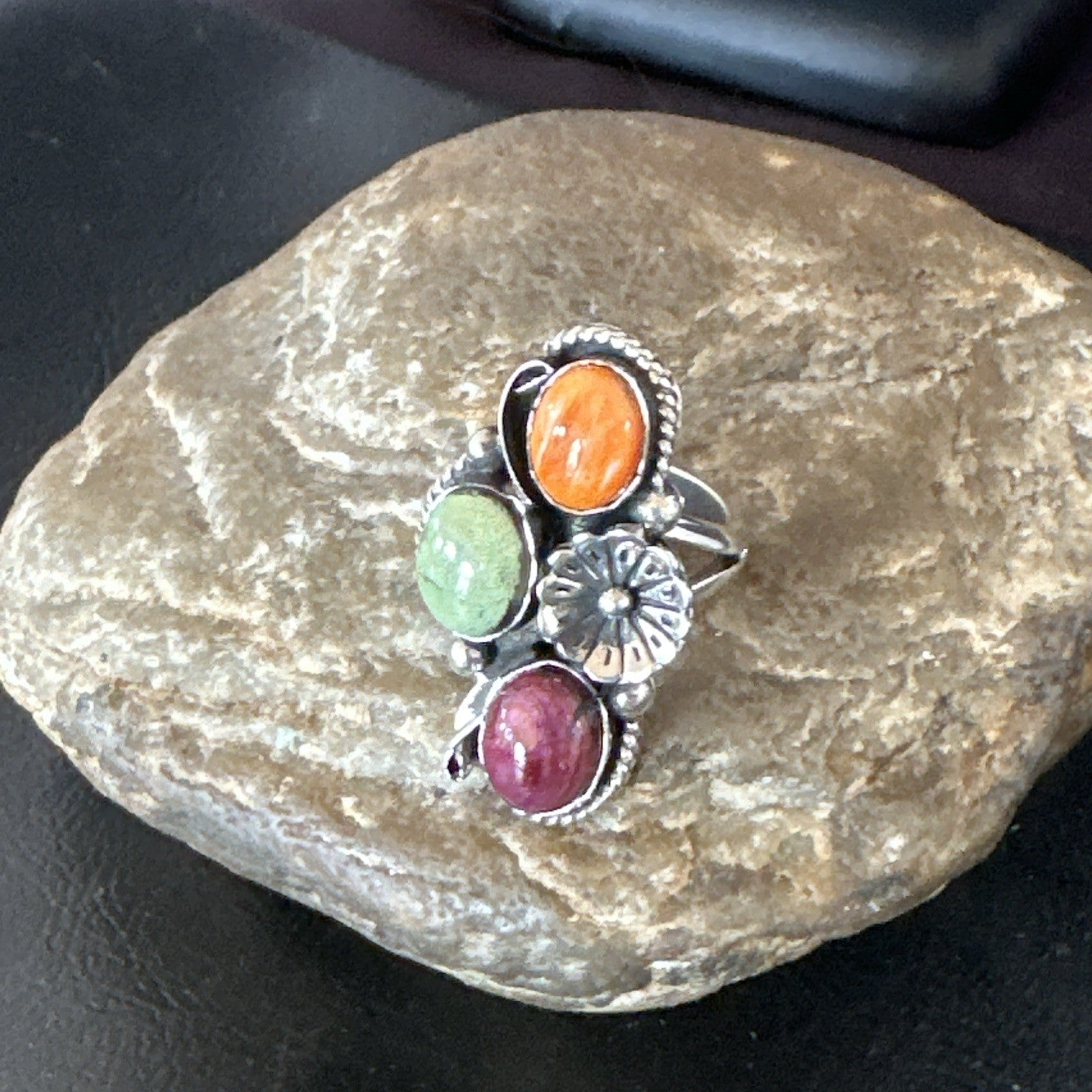 Multicolor Ring Turquoise Spiny Navajo Sterling Silver Cluster Size 8 19169