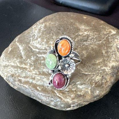 Multicolor Ring Turquoise Spiny Navajo Sterling Silver Cluster Size 8 19169