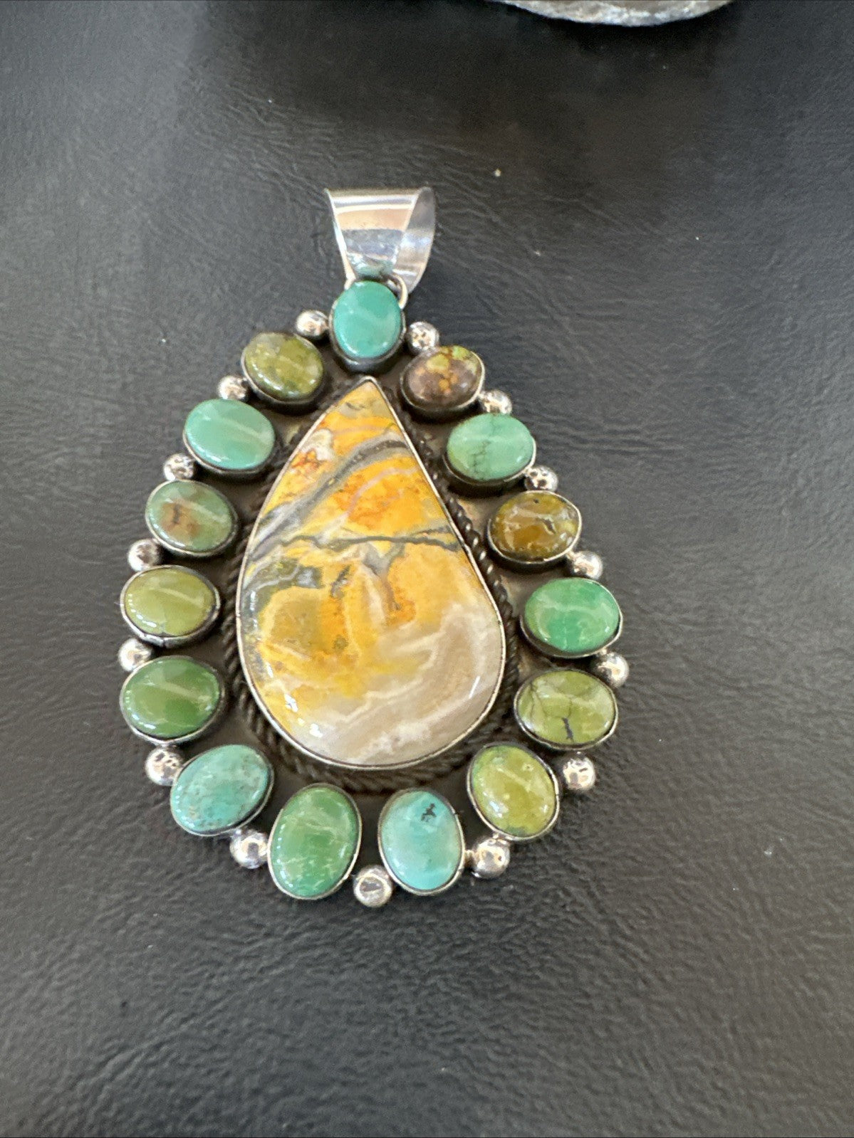Navajo Bumblebee Jasper Green Turquoise Sterling Silver Necklace Pendant 19441