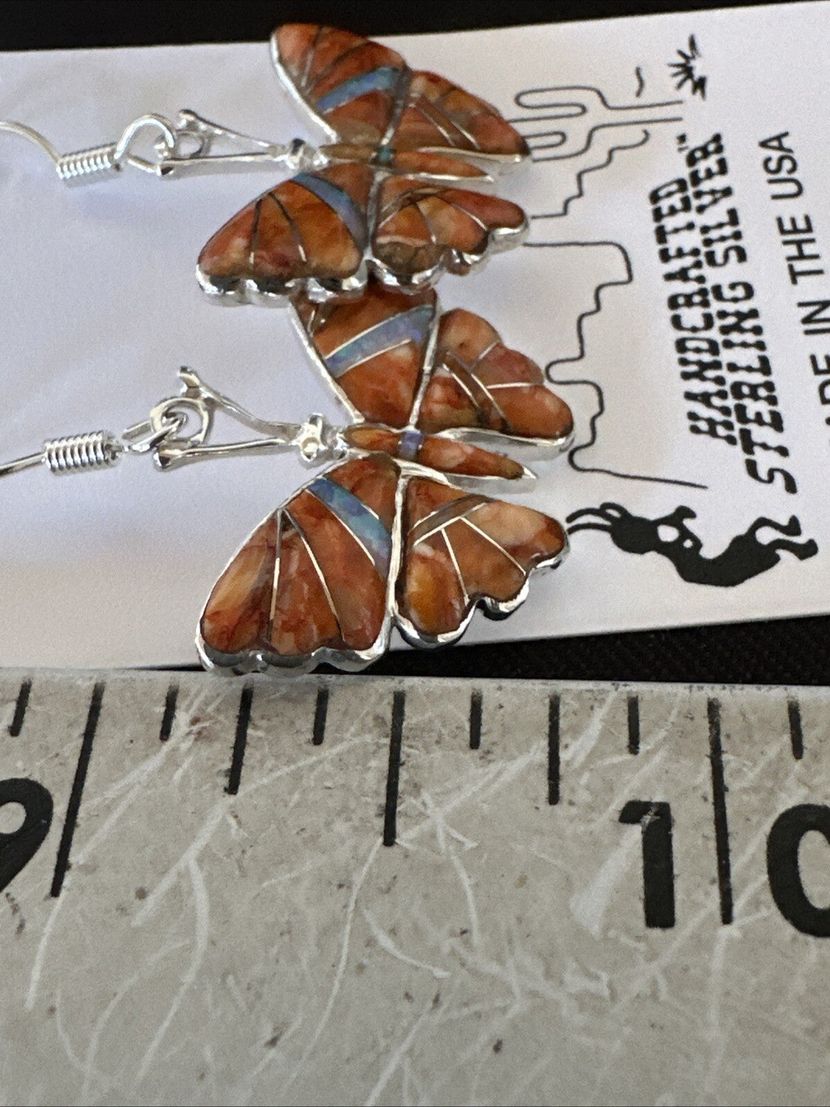 Butterfly Orange Spiny Oyster Opal Inlay Sterling Silver Dangle Earrings 18555