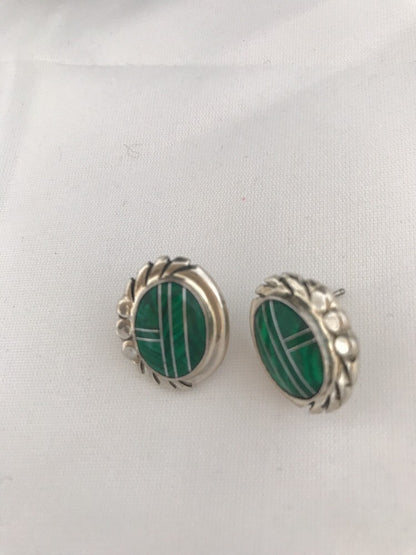 Green Malachite Southwetsern Navajo Sterling Silver Inlay Earrings 01987