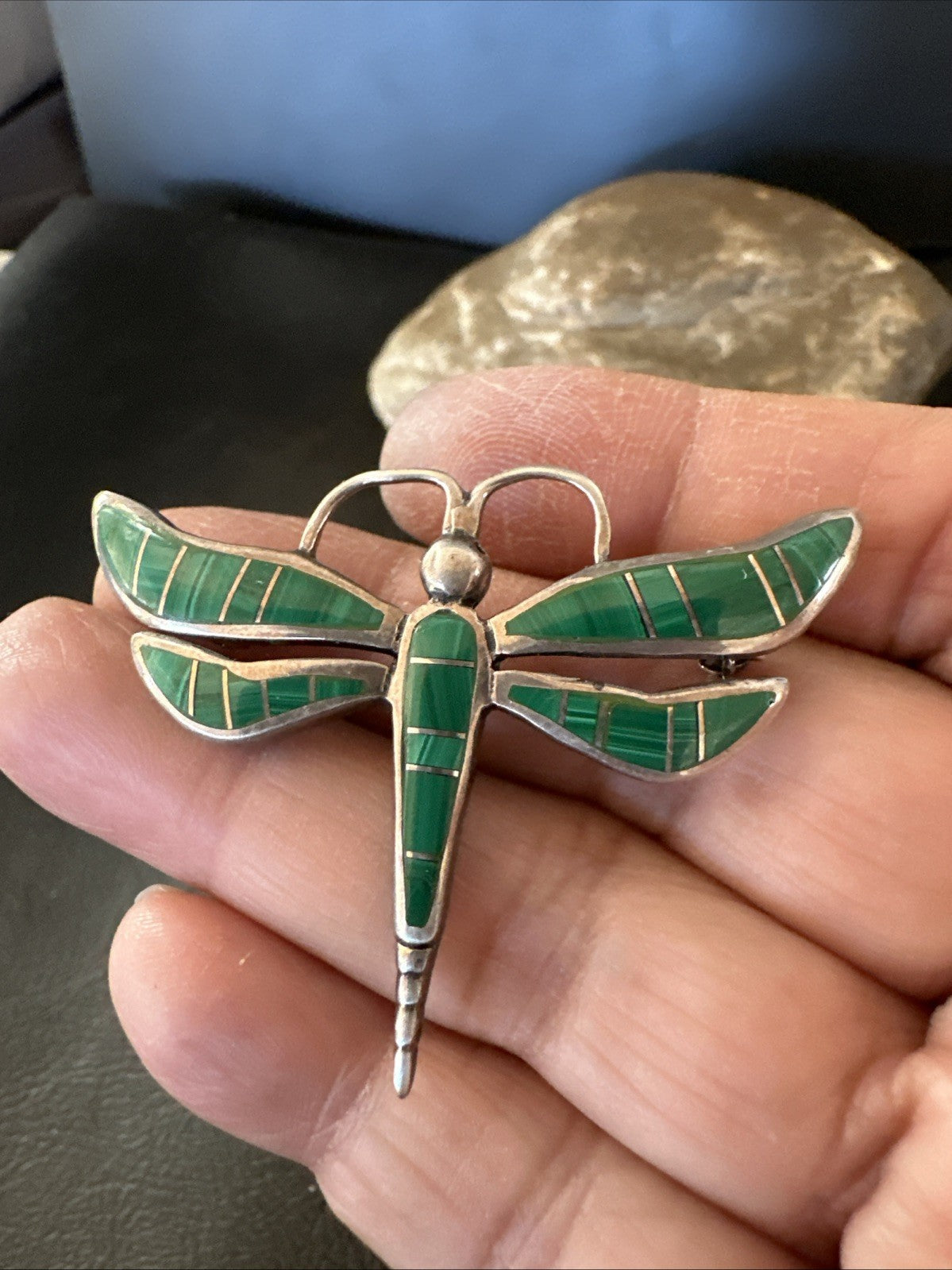 Rare Dragonfly Green Malachite Sterling Silver Inlay Pin 1.35” 19820