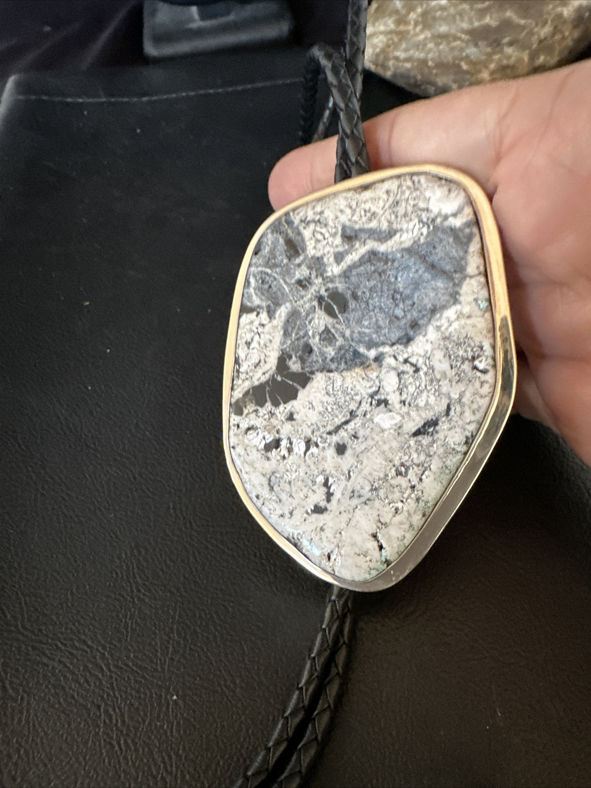 Mens BOLO TIE WHITE BUFFALO TURQUOISE Sterling Silver Navajo 3in 15004