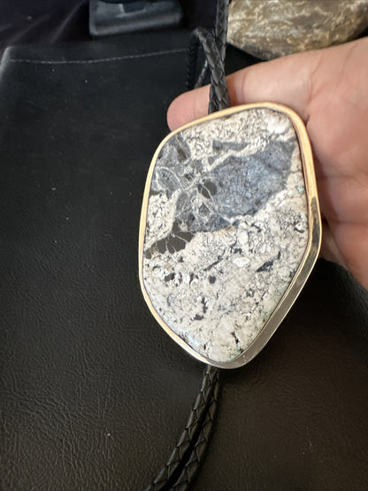 Mens BOLO TIE WHITE BUFFALO TURQUOISE Sterling Silver Navajo 3in 15004