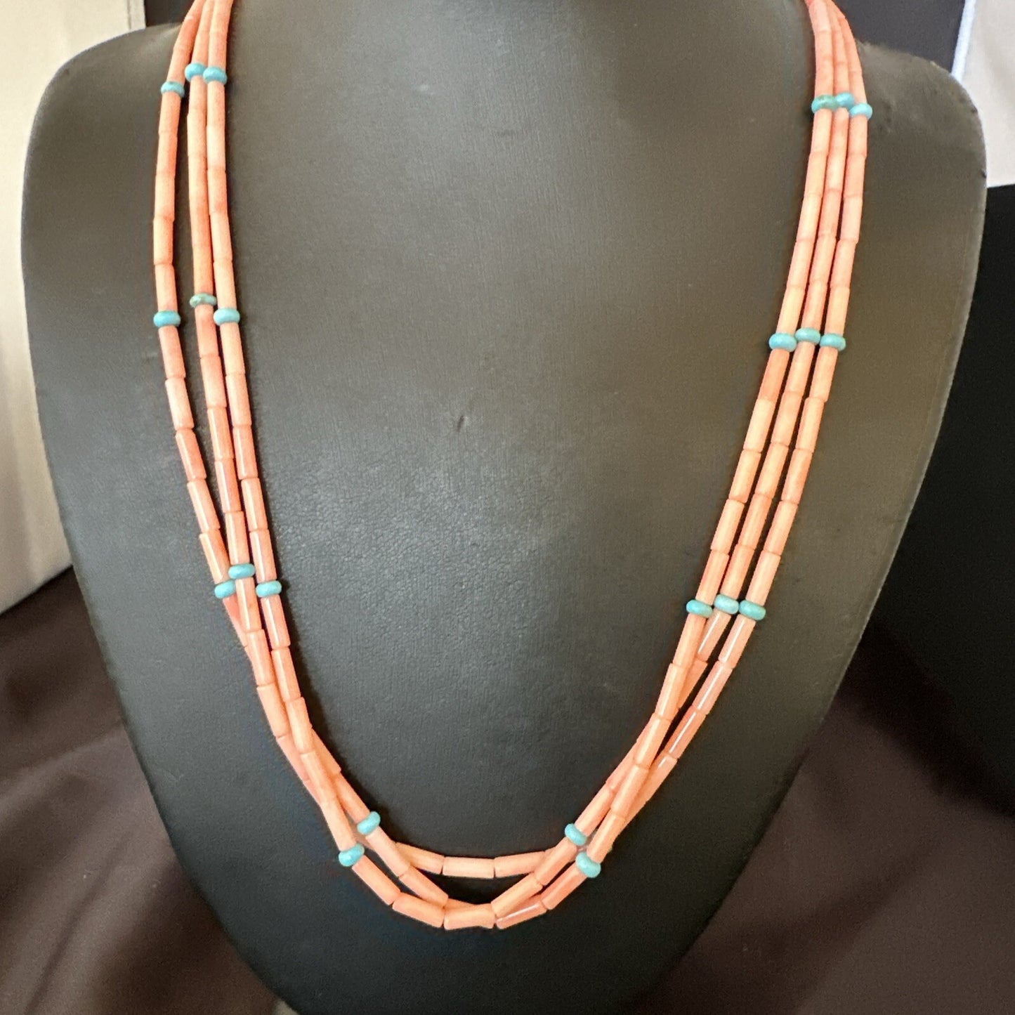 Native American Turquoise Pink Coral Sterling Silver 3 Strand Necklace 21" 17816