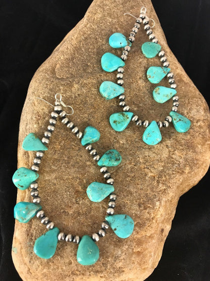 Blue Cluster Turquoise Sterling Silver Earrings 3.5”