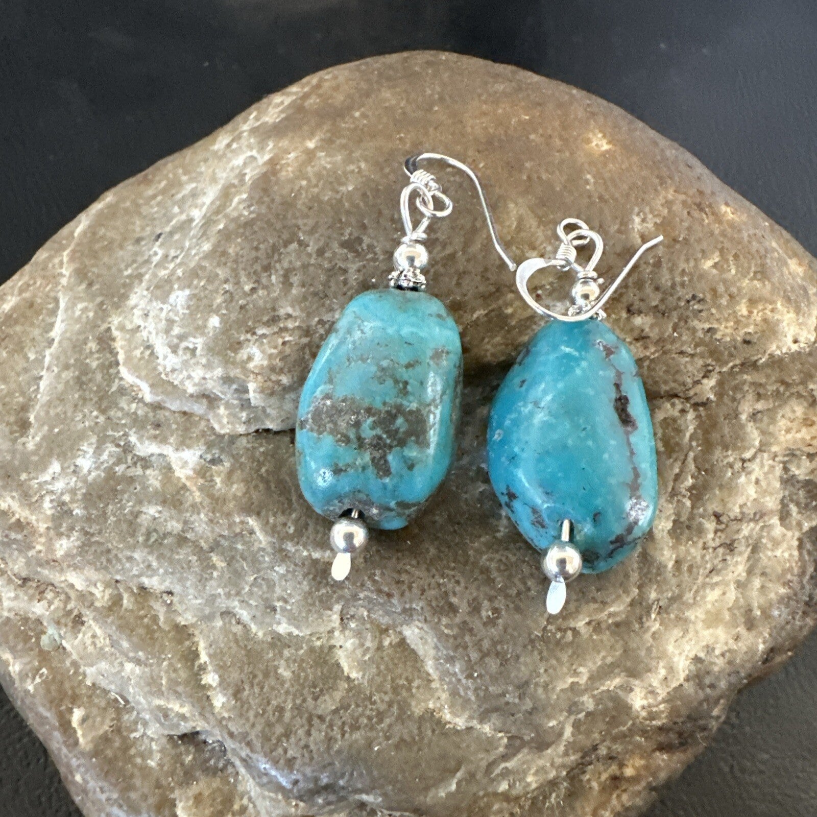 Blue Turquoise Nugget Sterling Silver Beads Earrings 1" 17867