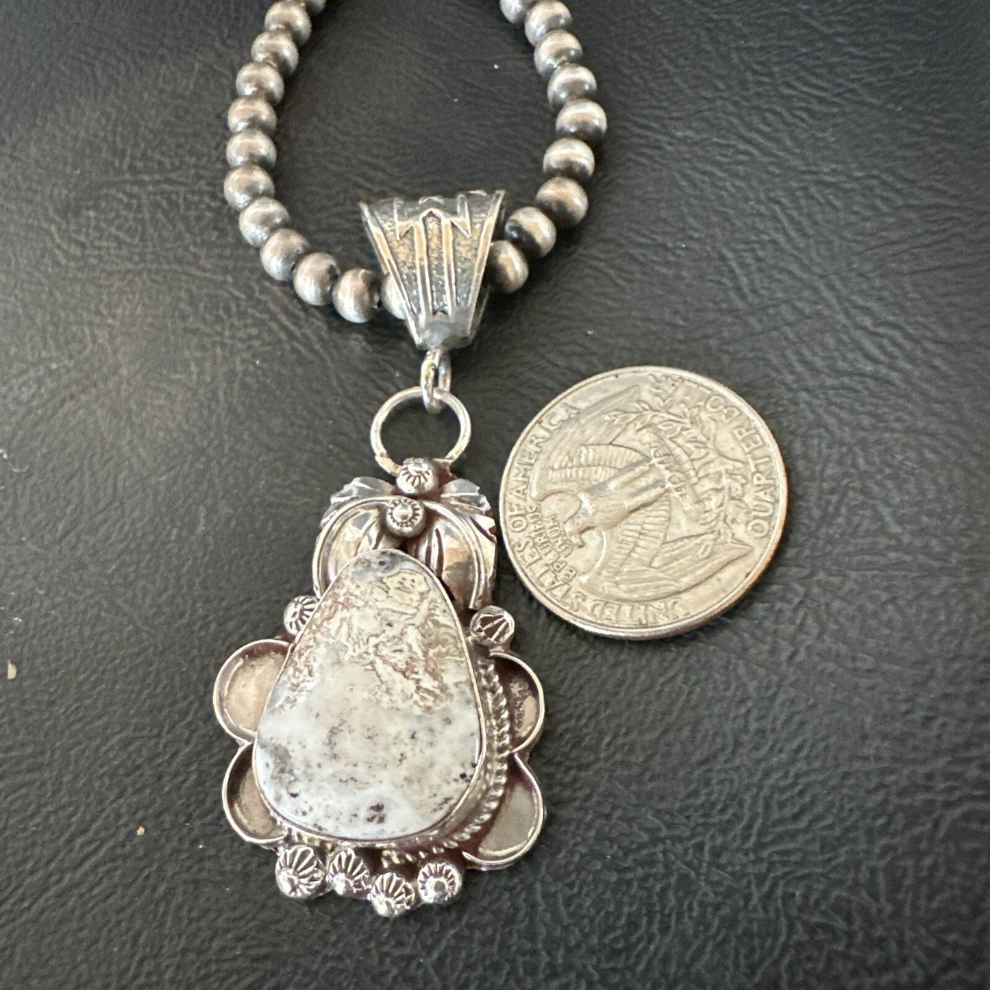 White Buffalo Turquoise Pendant  Sterling Silver Beads Necklace 17986