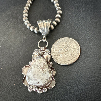 White Buffalo Turquoise Pendant  Sterling Silver Beads Necklace 17986