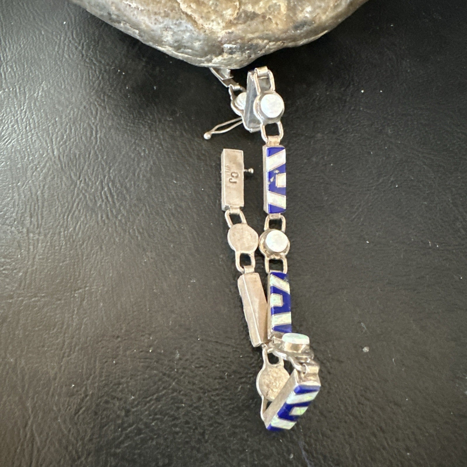 A Womens Blue Lapis Opal Sterling Silver Link Bracelet 7" 19794