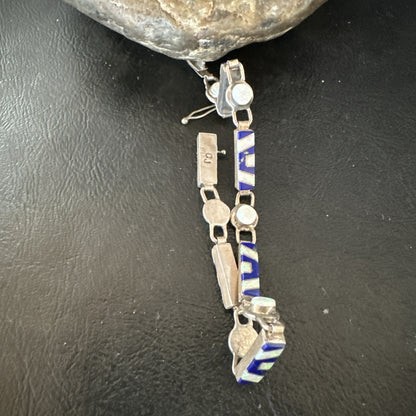 A Womens Blue Lapis Opal Sterling Silver Link Bracelet 7" 19794