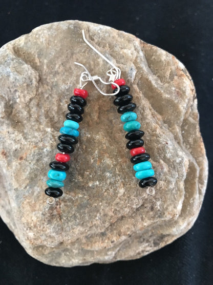 Navajo Sterling Silver Turquoise Black Onyx Coral Earrings 08334