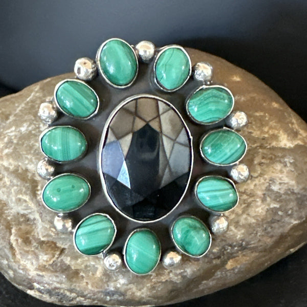 Green Malachite Quartz Navajo Cluster Ring Size 10.5 | Sterling Silver | Authentic Native American Handmade | 18399