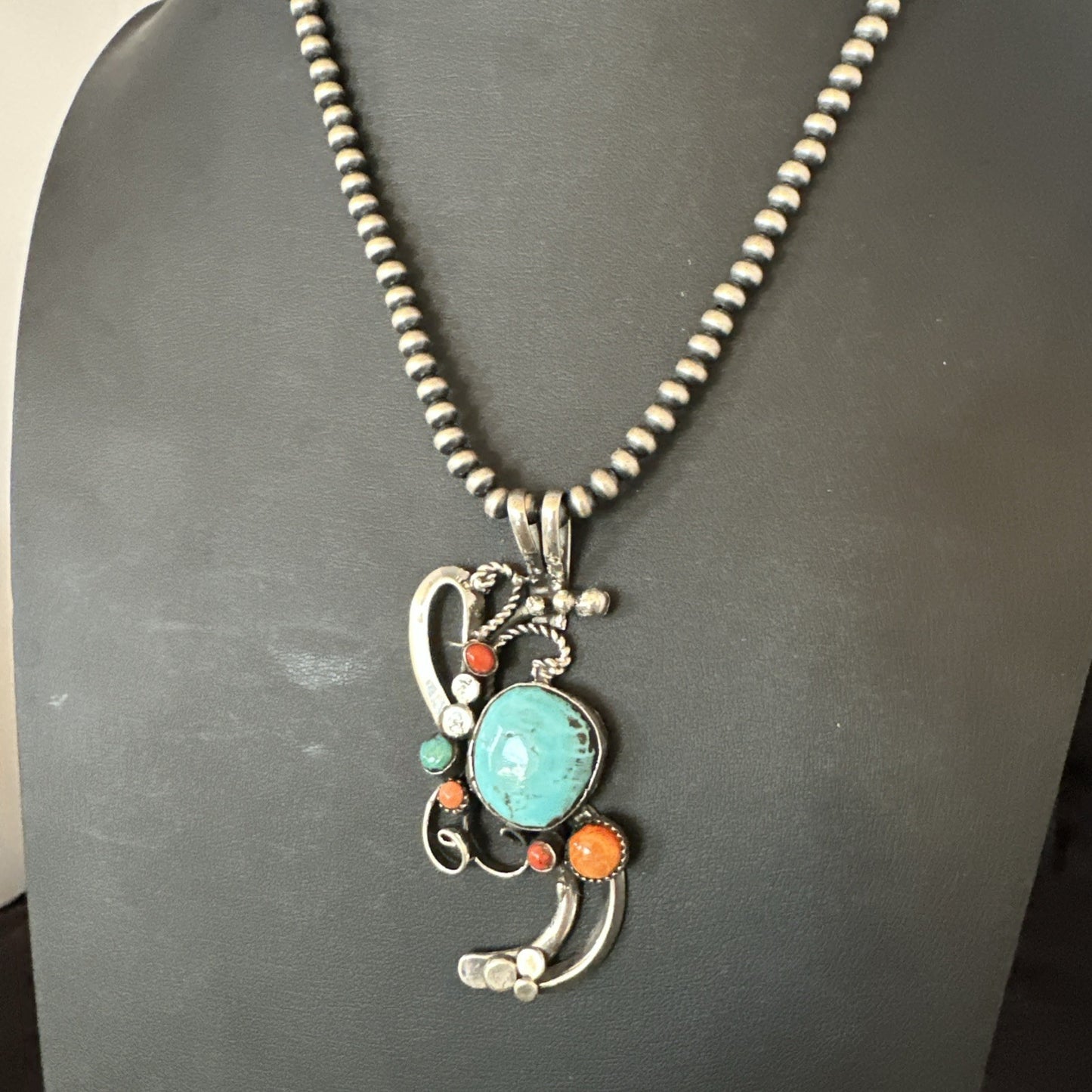 Multicolor Turquoise Spiny Navajo Sterling Silver Cluster Pendant Necklace 19683