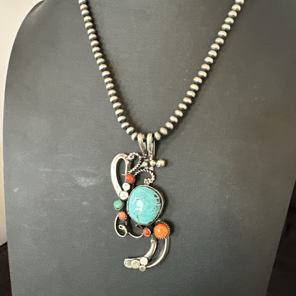 Multicolor Turquoise Spiny Navajo Sterling Silver Cluster Pendant Necklace 19683