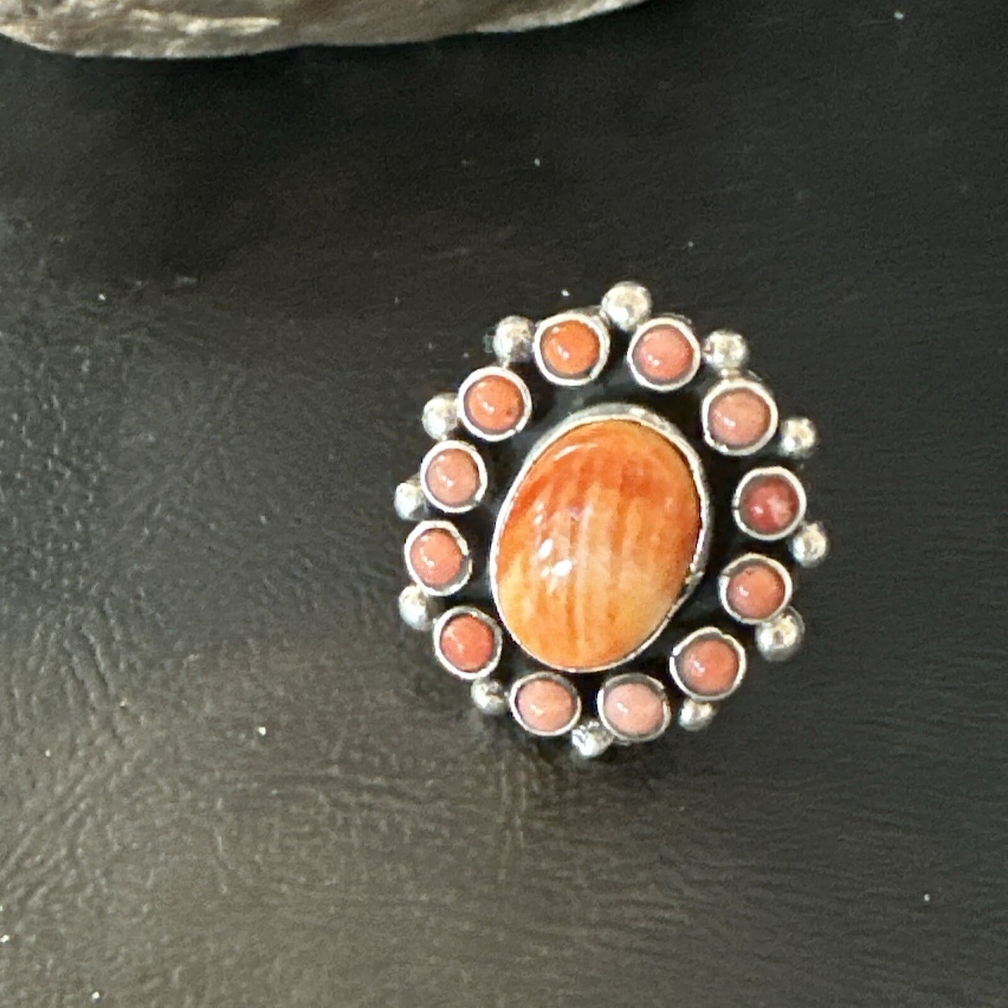 Orange Spiny Oyster Cluster Navajo Sterling Silver Ring Size 10 18397