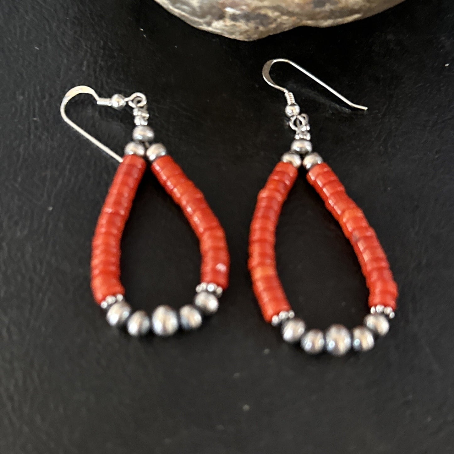 Native American Red Coral Bead Earrings Navajo Sterling Silver 14383