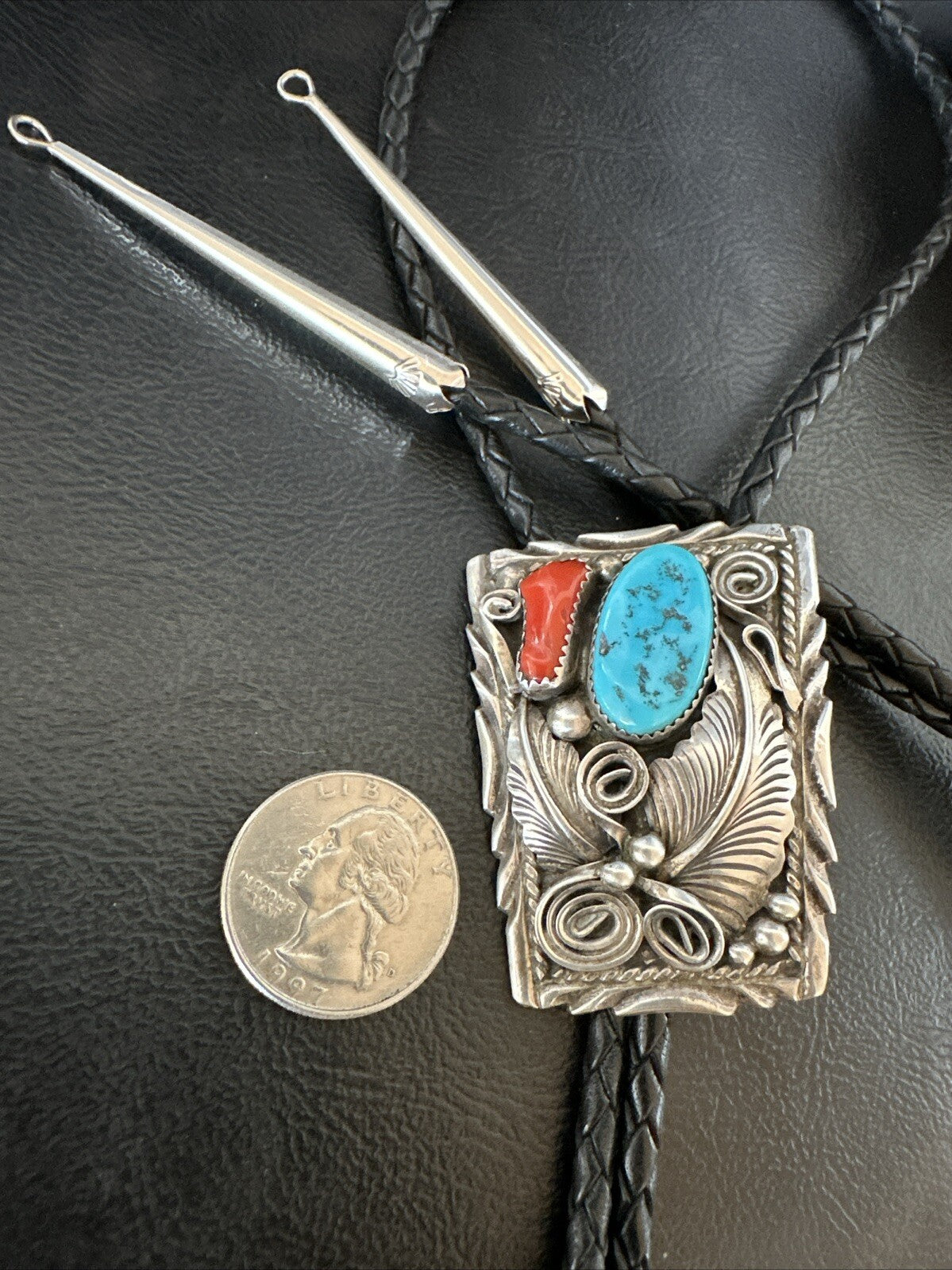 Mens Blue Kingman Turquoise Coral Bolo Tie Sterling Silver Navajo 18168